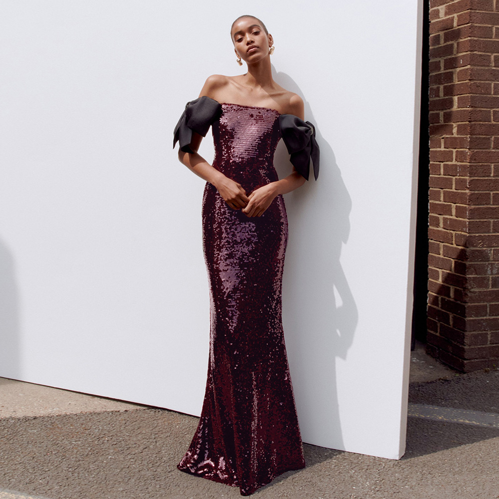 European and American Cross-Border Coffee-Colored Fantasy Sequin Long Evening Dress One-Shoulder Black Bow Banquet Fishtail Dress