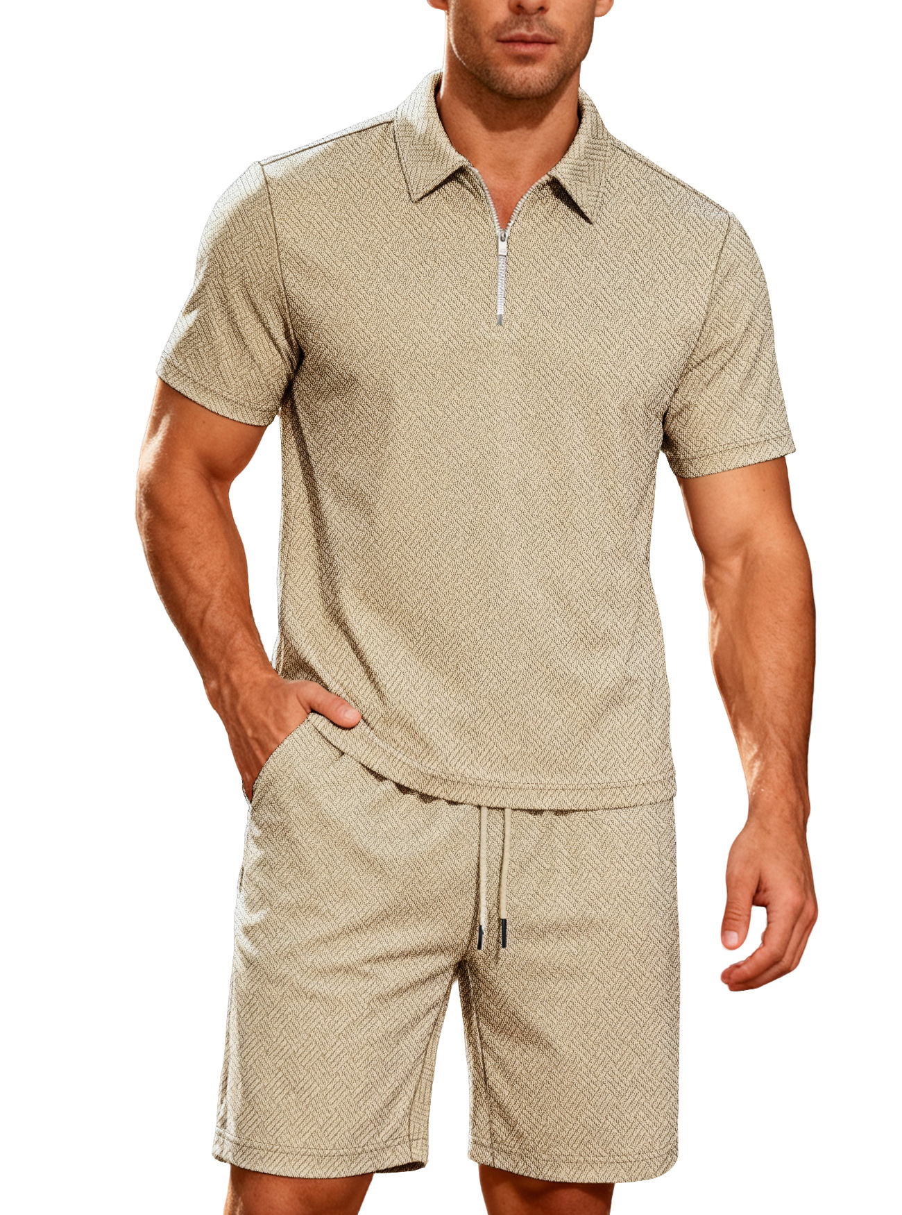 Trajes de hombre transfronterizos de verano para hombres nuevos trajes casuales de comercio exterior de manga corta con cremallera de moda de color sólido