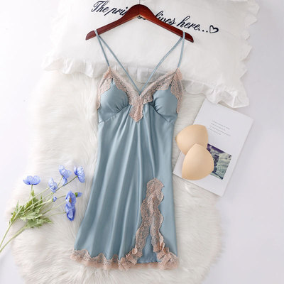2021春夏季 新款睡衣女性感仿真丝开叉蕾丝睡裙薄款V领情趣家居服|ms