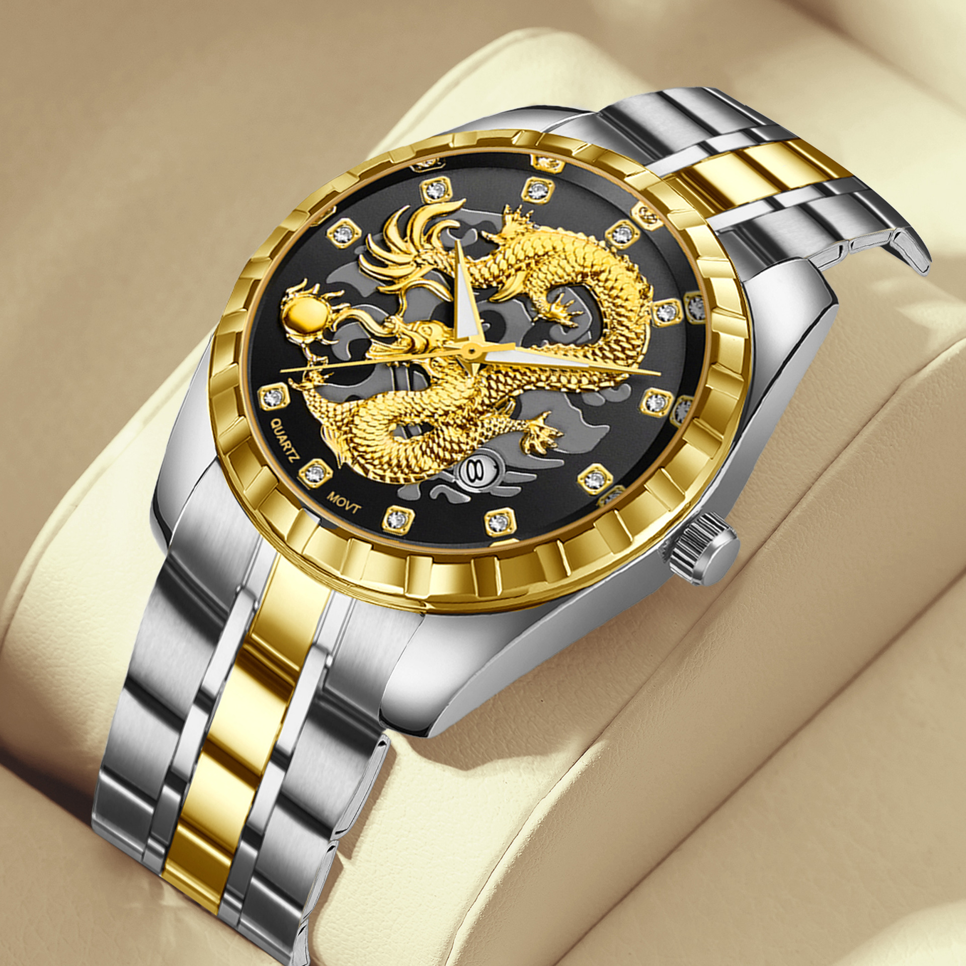 Swiss brand men's watch dragon watch diamond waterproof steel band watch luminous quartz men's watch fashion watch wholesale