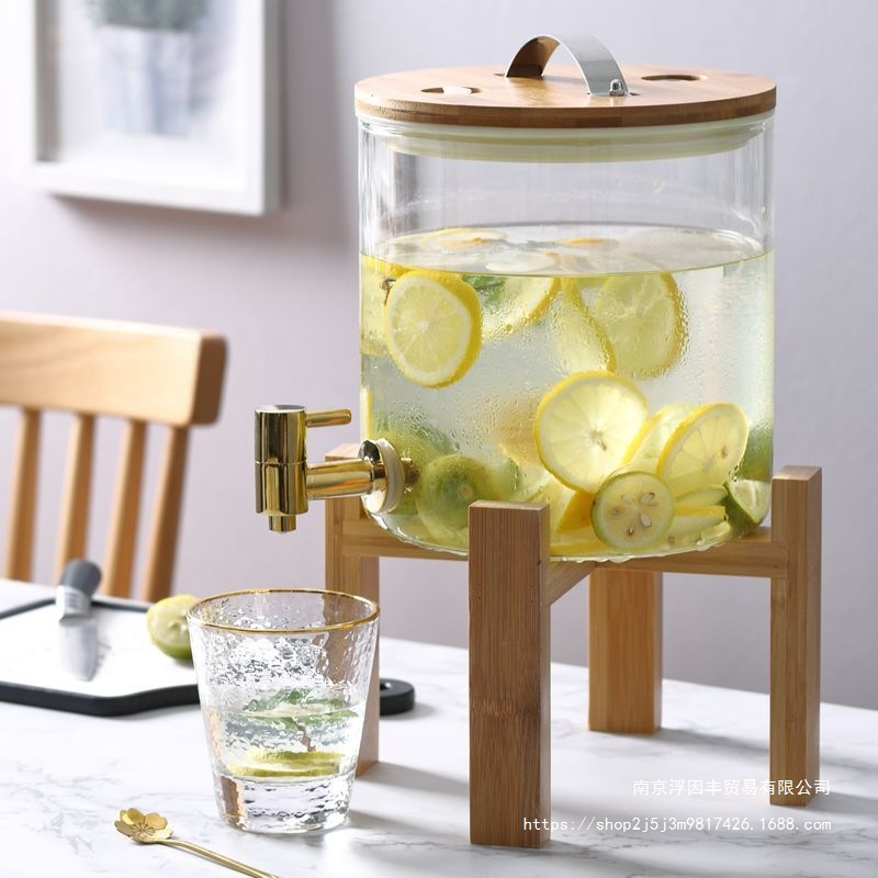 Hervidor de agua fría botella de vino de vidrio barril de bebida barril de cerveza con grifo frutas barril de té barril de jugo recipiente barril