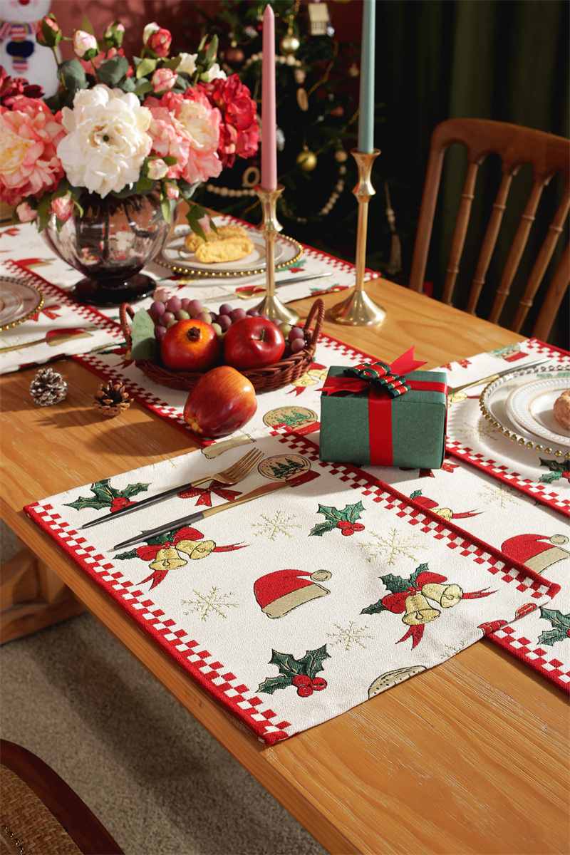 Drapeau de table de noël en jacquard teint en fil, flocon de neige, chapeau de noël, nappe à pampilles, décoration, couverture de drapeau de chevet_voghion.com