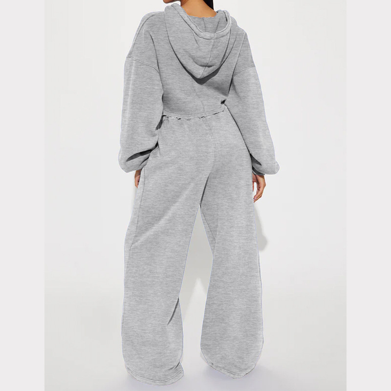 Vêtements pour femmes automne femmes décontracté à capuche devant zip pull jambe large pantalon ample costume_voghion.com