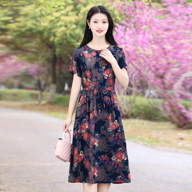 50岁60妈妈夏装棉绸连衣裙中老年圆领短袖大码女士中长款碎花裙子|undefined