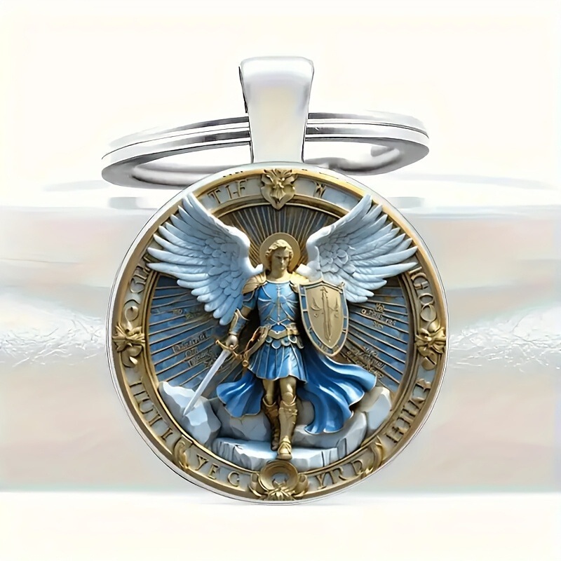 Cross-border fashion new angel justice guardian men's alloy round key chain anniversary gift jewelry wholesale Cross-border fashion new angel justice guardian men's alloy round key chain anniversary gift jewelry wholesale
