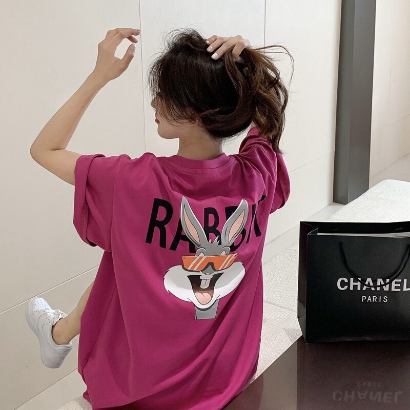 200g Dragon Fruit Color Cotton T-Shirt for Women, Summer Mid-Length Loose Oversized Rabbit Print Top in Rose Red, Cropped Style