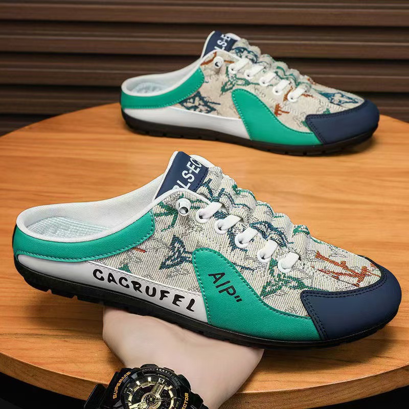 包头半托鞋男2025跨境爆款布面透气后跟户外休闲鞋一脚蹬懒人鞋