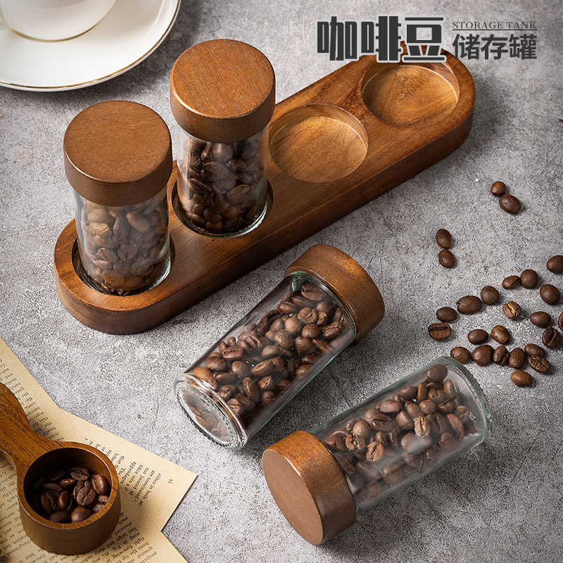 Acacia Wood Storage Jar Set with Lid, High Borosilicate Transparent Kitchen Storage Jar, 4-Piece Set with Base for Spices