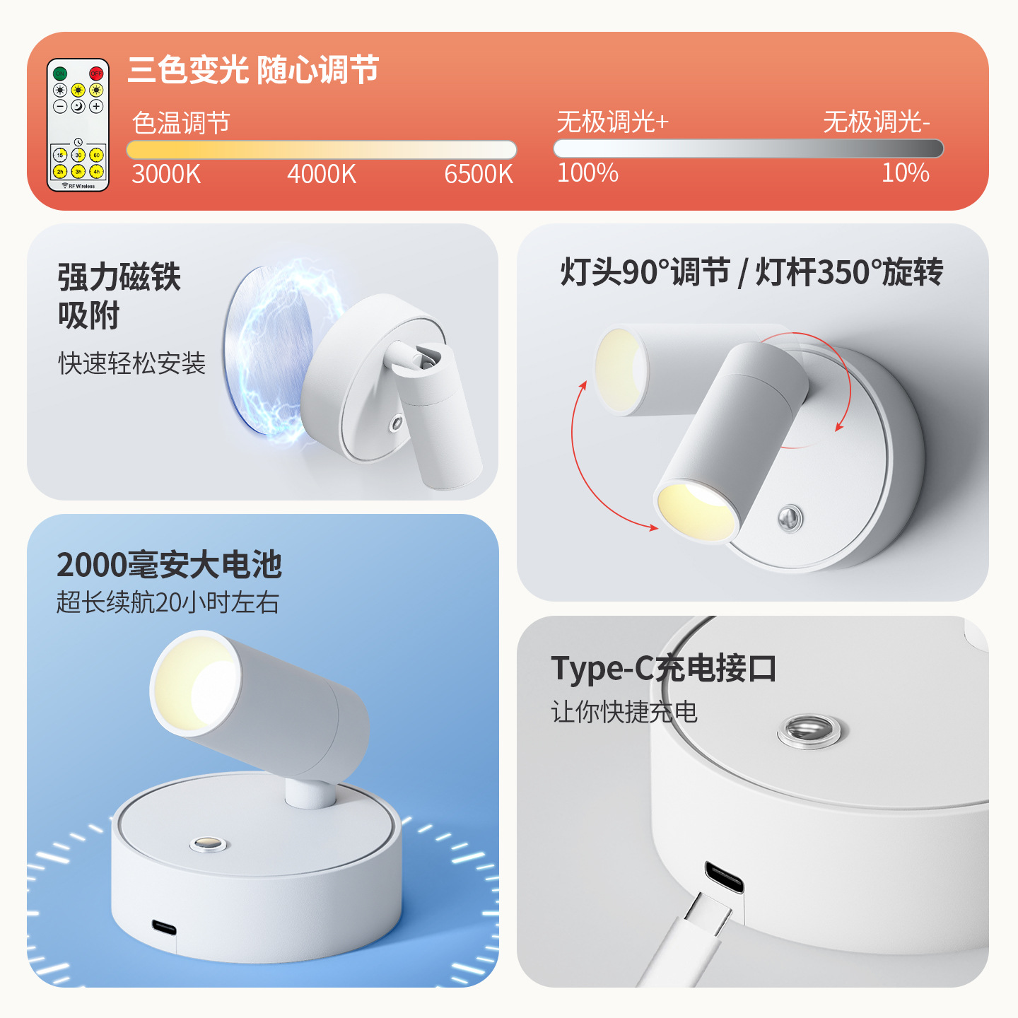 Lámpara de pared recargable sin cableado inalámbrica luz de absorción magnética sin cableado dormitorio luz de lectura de cabecera fotografía de atmósfera luz de pared