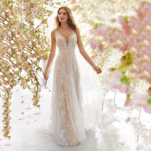 2025 New European and American Foreign Trade Wedding Dress Wish Amazon Sexy Fashion V Neck Sleeveless Lace Wedding Dress
