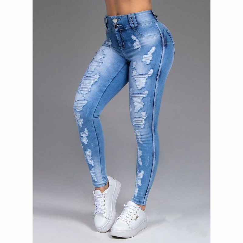 high waist ripped high elastic solid color jeans NSGJW137472