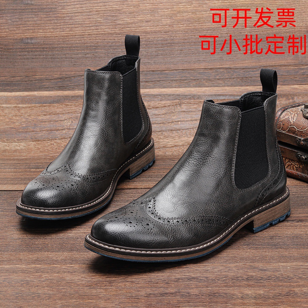Cross-Border Mid-Top Carved Chelsea Men's Boots, Brogue Casual Men's Shoes, Retro Men's All-Season Single Boots, Short Boots