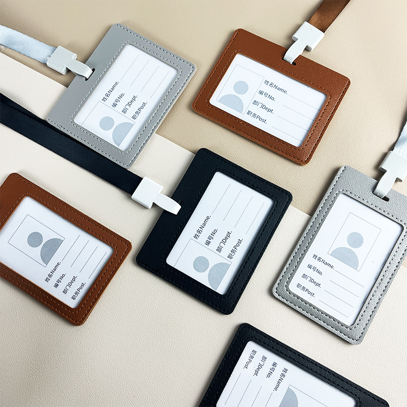 LOGO enviar tarjeta de papel de impresión listado titular de la tarjeta al por mayor En stock titular de la tarjeta de permiso de trabajo de cuero pu con cordón se puede personalizar