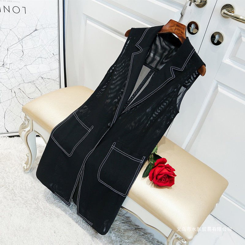 Openwork Vest for Women 2025 New Spring/Summer Mesh Chiffon Mid-Length Fashion Sleeveless Korean Style Slimming Vest Jacket
