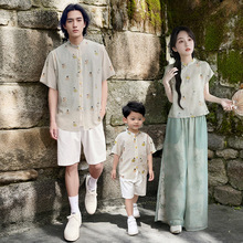 亲子装新中式2025夏款一家三口、四口全家装裙裤套装