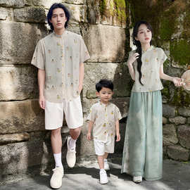 亲子装新中式2025夏款一家三口、四口全家装裙裤套装