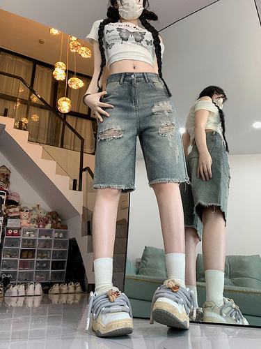 Vintage, torn, five-cent jeans, women's 2025 summer, high waist, large size, loose, slimming straight, wide leg, medium pants