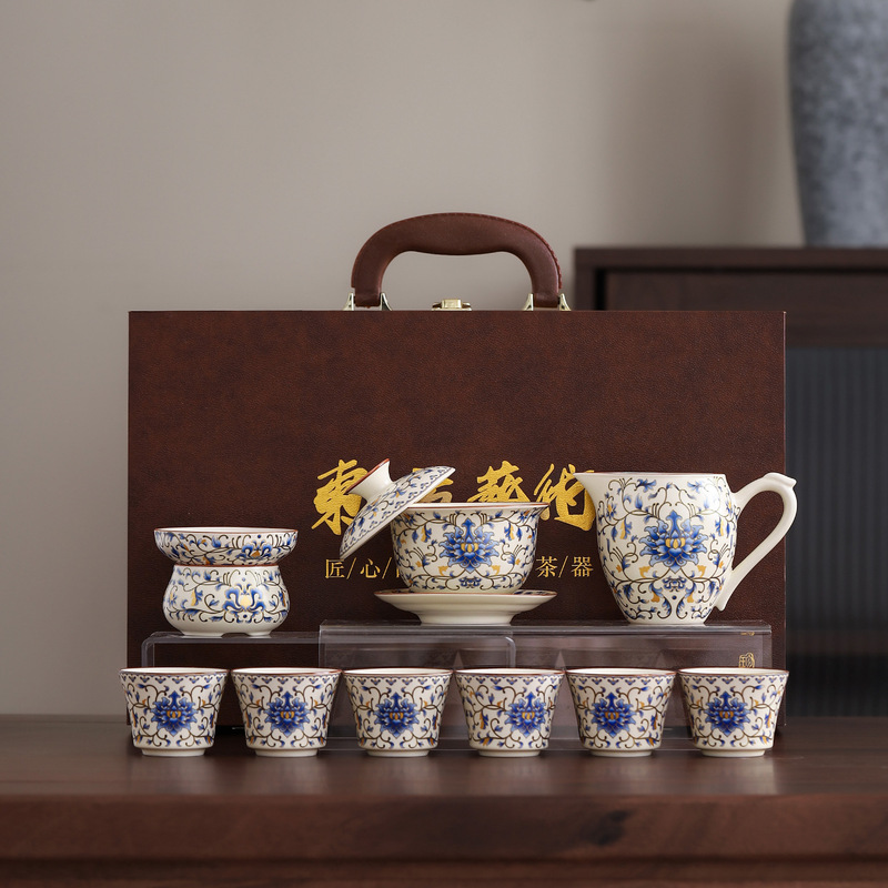 Lotus-Patterned Ru Kiln Ceramic Tea Set for Home and Office, High-End Luxury Tea Pot and Tea Cups, Company Annual Meeting Gift Lotus-Patterned Ru Kiln Ceramic Tea Set for Home and Office, High-End Luxury Tea Pot and Tea Cups, Company Annual Meeting Gift