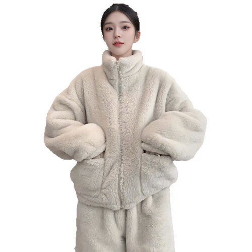 Ladies' Autumn/Winter Coral Fleece-lined Warm Medium-thickness Set Zipper Casual Homecoming Suit with High Collar, Can Be Worn Outside, Couple's Style