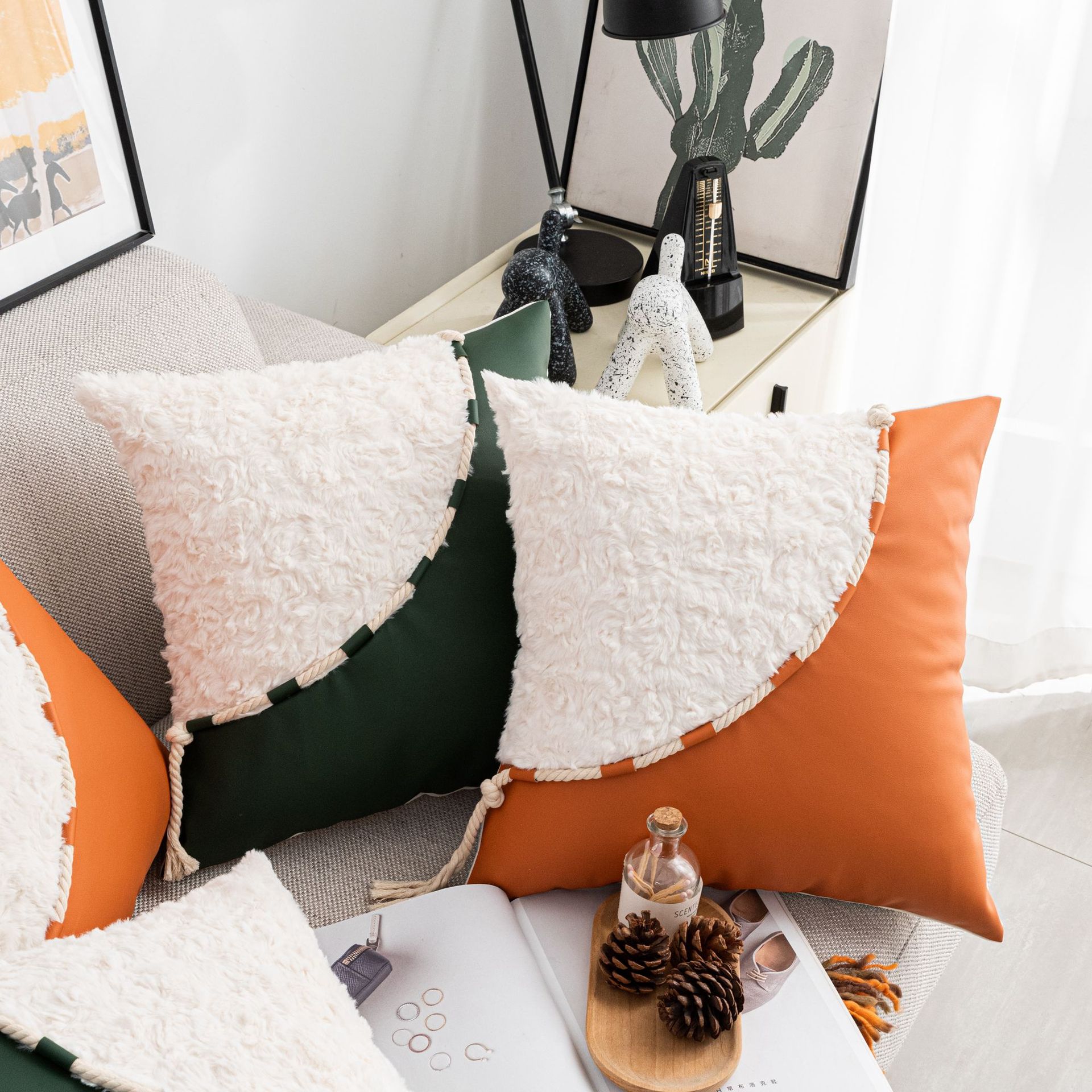 European and American Light Luxury Ins Style Creative Leather Pillow Case Villa Decorative Ocean Style Rabbit Plush Pillow Cushion Waist Pillow