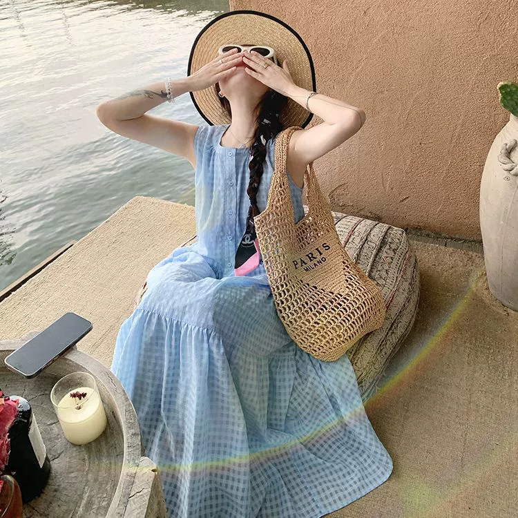 Высококачественное французское милое платье-жилет без рукавов для женщин, летняя новая свободная длинная юбка трапециевидной формы в морском курортном стиле
