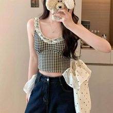 10103春夏田园新品欧美风女款格纹蕾丝花边蝴蝶结甜美吊带小上衣