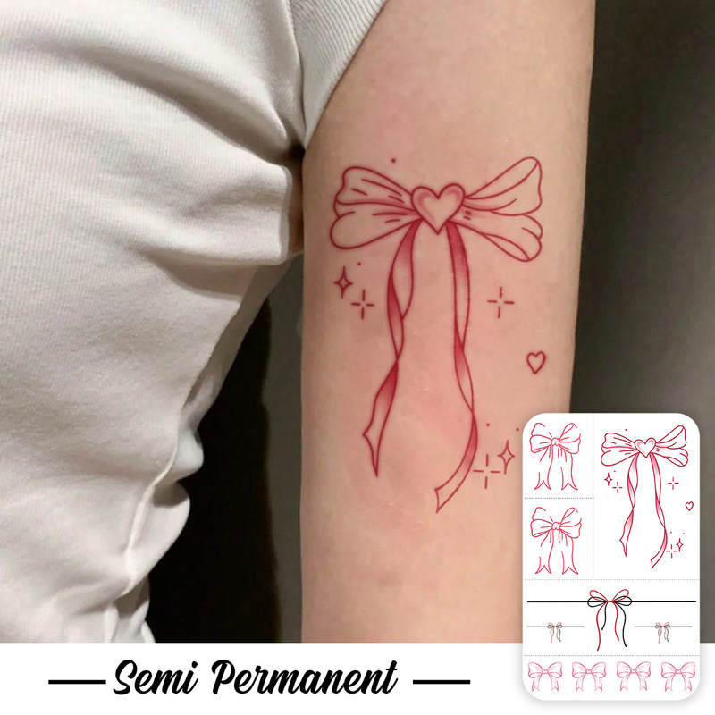 Semi-Permanent Pink Heart Bow Tattoo Sticker, Waterproof and Long-Lasting, Sweet Girl Arm Style, Realistic Tattoo Sticker