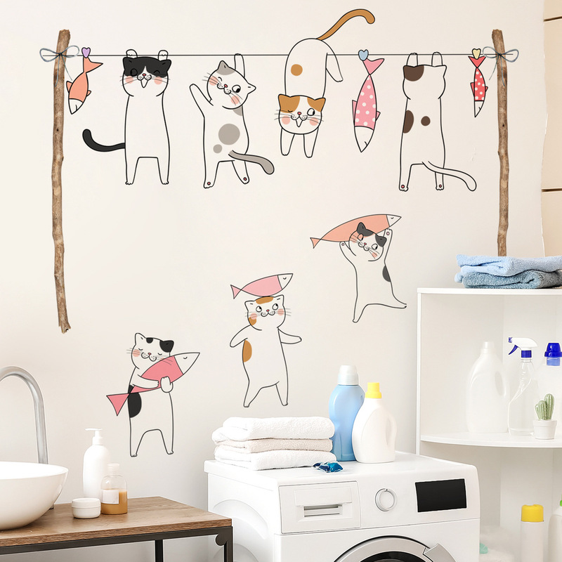 MS581 cartoon kitten drying rack dried fish children's room bedroom background wall decoration wall stickers manufacturer