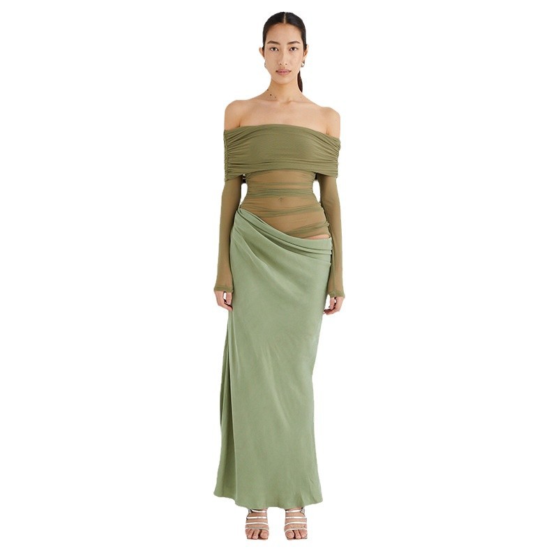 2024 otoño e invierno estilo europeo y americano moda femenina transfronteriza hombro de una línea manga larga sin cintura malla costura bolso vestido de cadera image 6