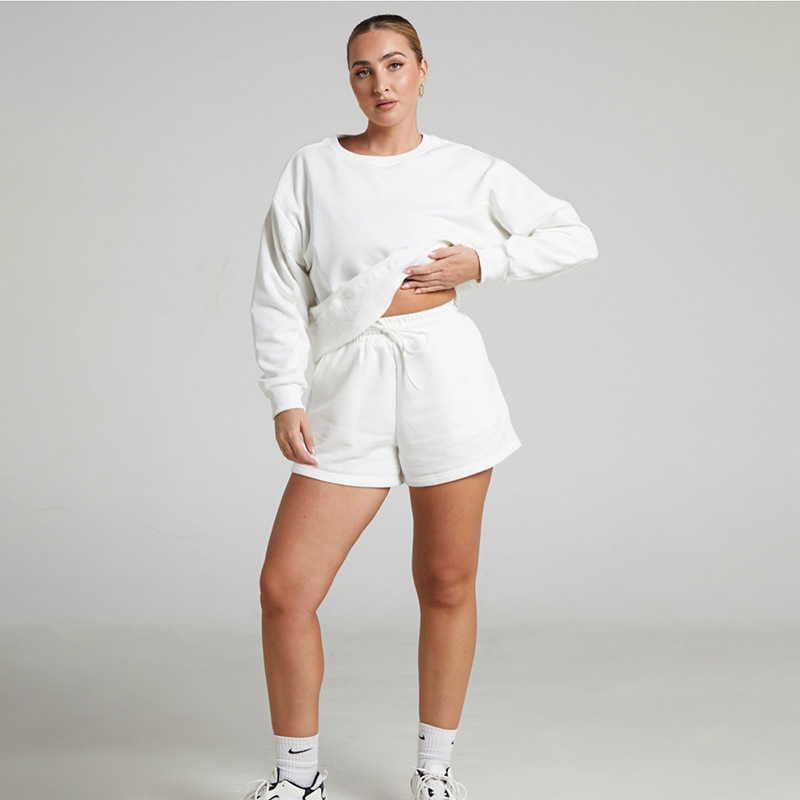 Solid Color Long Sleeve Sweaters Women Clothing Short Two-Piece Casual Shorts Suit