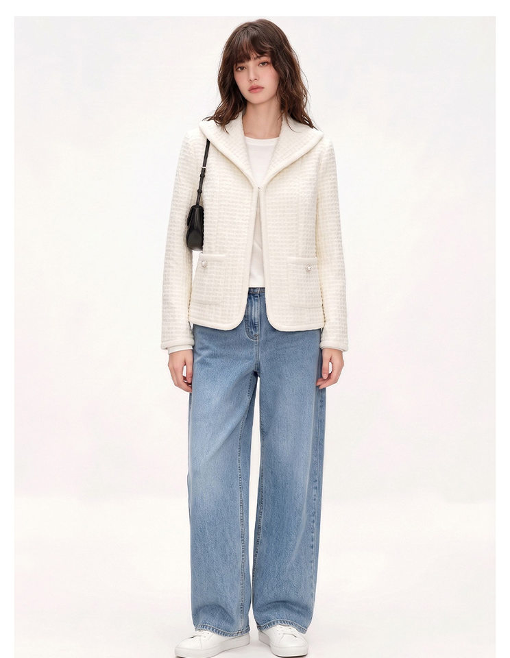 Áo khoác ngắn nữ dáng vest chất liệu len cừu phối vải tweed thanh lịch — Vanilla trắng chi tiết 10