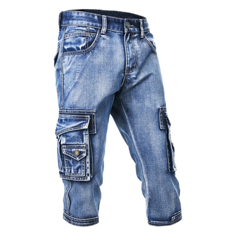 Verano Delgado estiramiento multi-Bolsillo ropa de trabajo recortada Pantalones slim fit Denim shorts recortados pantalones casuales jeans hombres