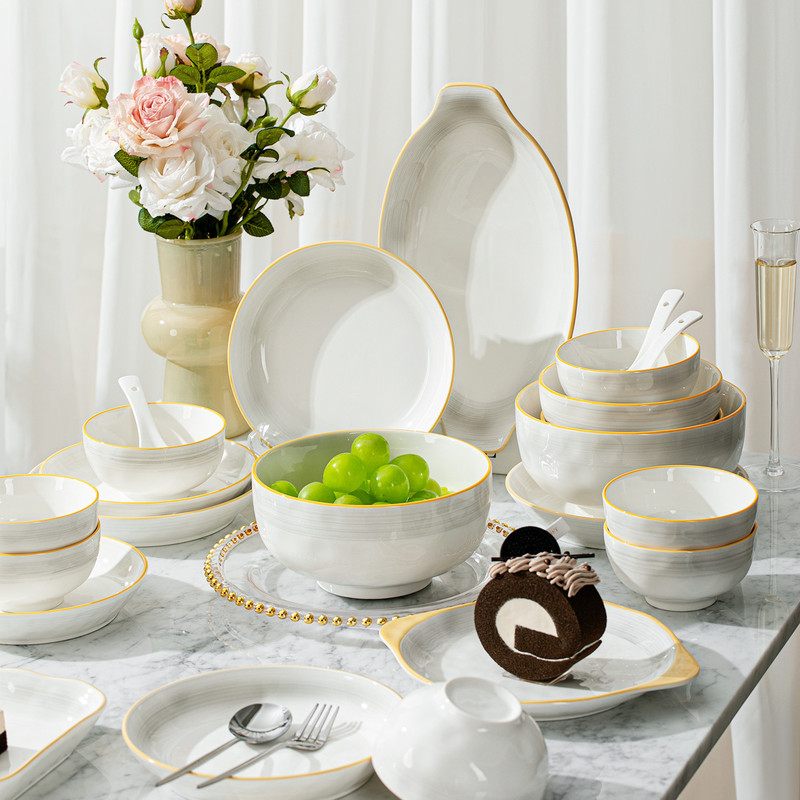 Moonlike Smoke Japanese-Style Ceramic Deep Plate Home-Use Dish Plate New Model Stir-Fry Dish Dinner Plate Bowl and Plate Tableware Set
