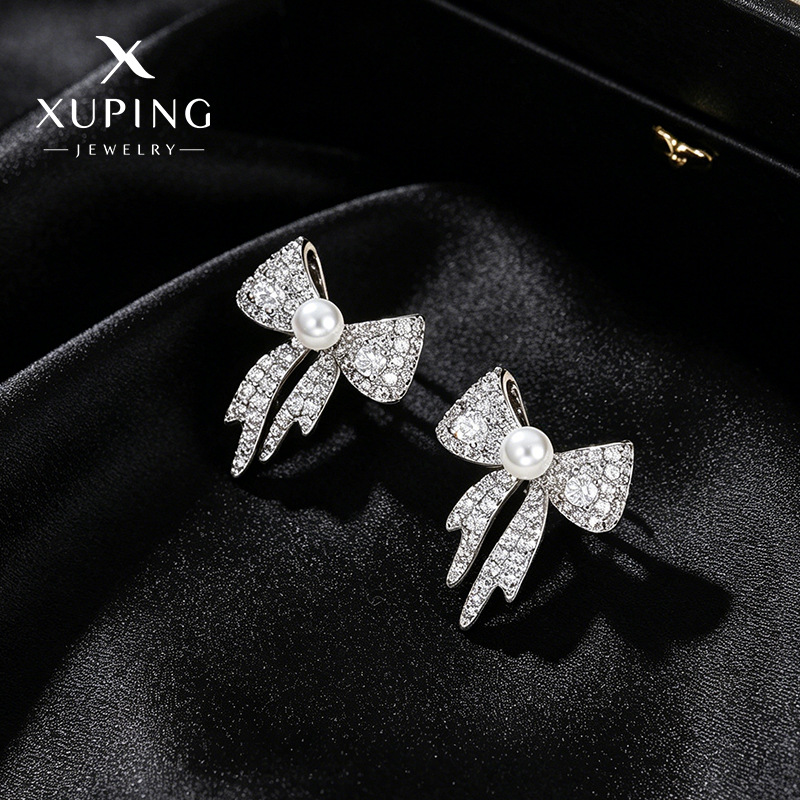 Xuping simple incrustado zircon perla arco perla perlas aleación de cobre chapado blanco elegante temperamento orejas diarias