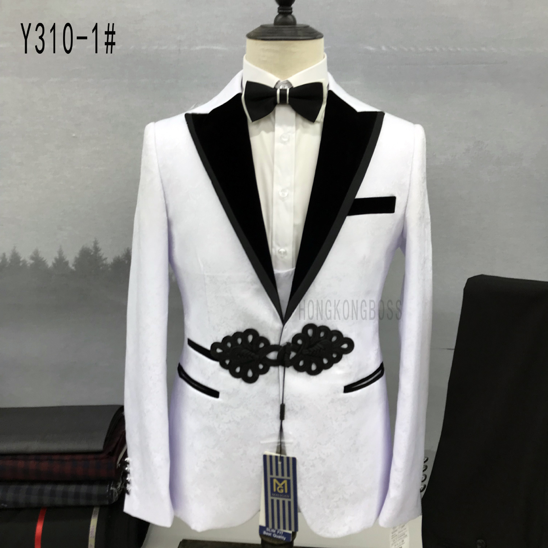 Men's Slim Fit Korean Style Wedding Suit Groom's Business Casual Formal British Style with Chinese Knot Design_viptrois.com
