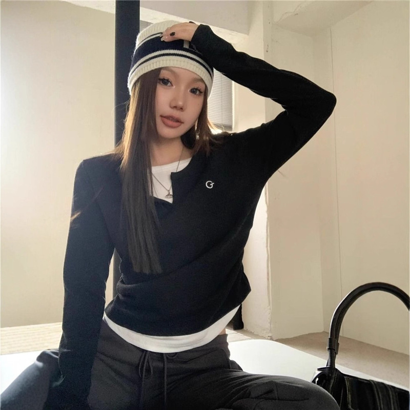 设计感小众假两件字母刺绣长袖t恤女秋冬新款修身内搭打底衫上衣|undefined