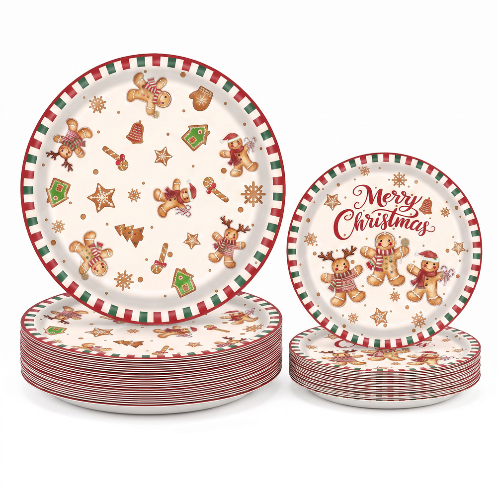 Cross-border red and green striped gingerbread man paper plates, Merry Christmas, children's Christmas party dessert plates