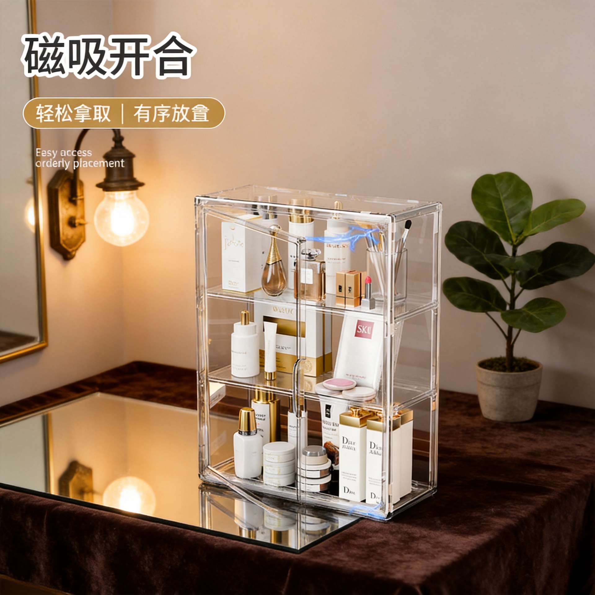 化妆品收纳盒桌面透明防尘桌上卧室大容量亚克力分隔置物架