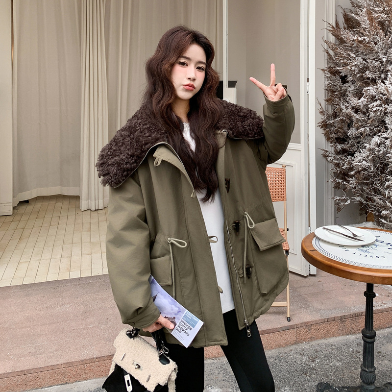 【Winter Clearance】Korean Style Parka down Jacket for Women, Mid-Length, Lamb Wool, Large Lapel, Horn Button down Coat