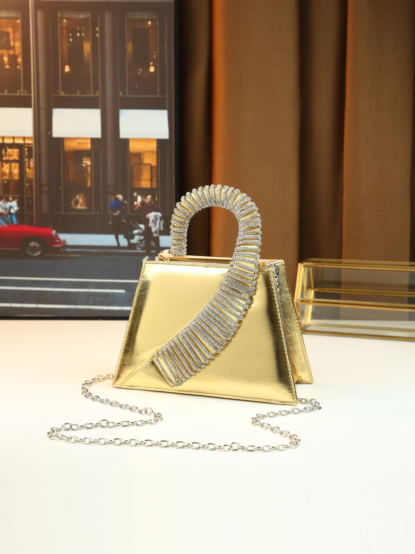 Elegante borsa a mano di lusso tempestata di diamanti, borsa quadrata da donna finemente realizzata per feste, con catena, da portare a tracolla o a spalla._voghion.com