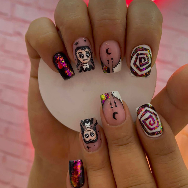 Psychedelic Purple Glitter Glitter Short Square 20.24 million Holy Day Nail Art Patch Cute Muppet Doll Spiral Fake Nail