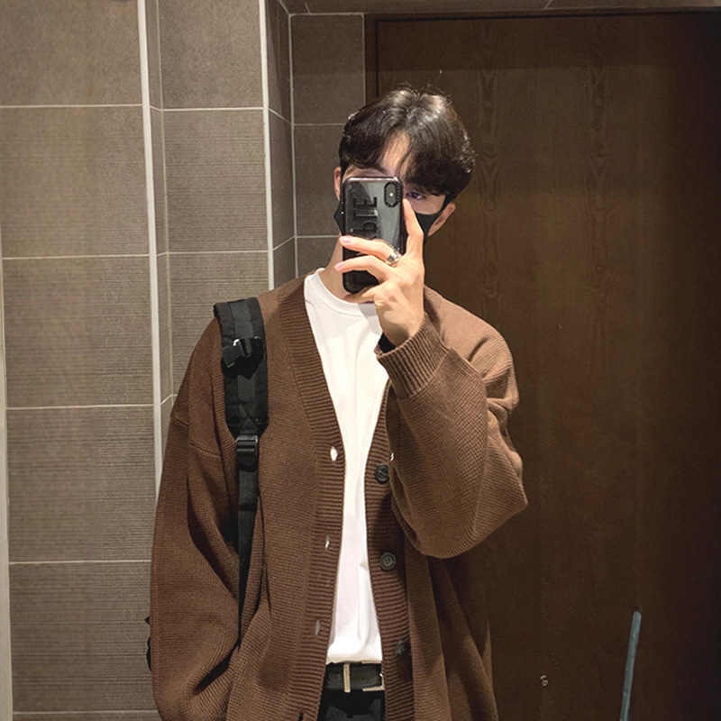 Old Money Style V-Neck Knitted Cardigan Men's Soft Waxy Core-Spun Yarn Long-Sleeved Sweatshirt Korean Style Wool Sweater Jacket Buttoned Jacket