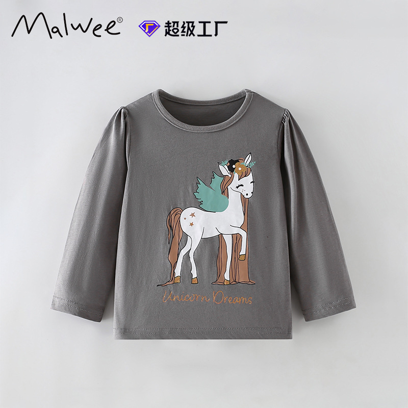 Camiseta de niña malwee transfronteriza otoño e invierno nuevo estilo europeo y americano niños pequeños y medianos cuello redondo manga larga linda chica casual top