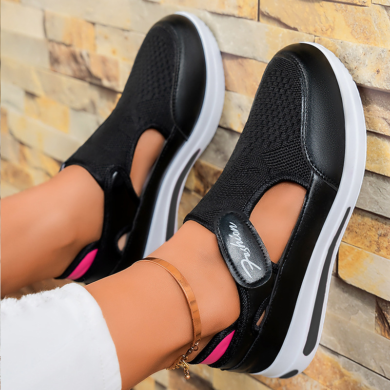 Zapatos de mujer, zapatos casuales de tamaño grande, zapatos de malla de tacón grueso, velcro, zapatos de mujer.