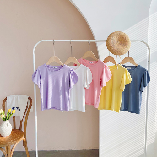 Korean style girls puff sleeve T-shirt summer style  new solid color high elastic short-sleeved t children's outer wear foreign style top