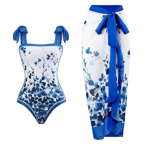 Conservative, high-waisted, wrap-style two-piece swimsuit with European and American print