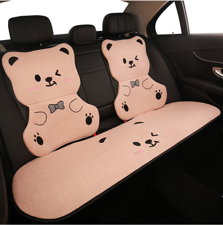 Car Seat Cushion Bear Cartoon Four-Season Universal Non-Slip Anti-Dirt Linen Seat Cover Protective Cover Full-Cover Linen Cartoon