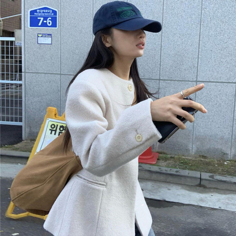 尺寸已更新 韩国chic韩系简约百搭圆领单排扣通勤毛呢外套 2色|undefined
