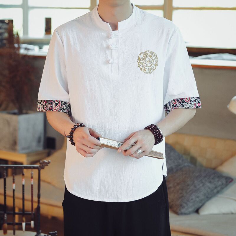 Linen Short-Sleeved T-Shirt for Men, Summer Large Size Chinese Style Men's Loose Embroidered Retro Tang Suit Cotton and Linen T-Shirt Top