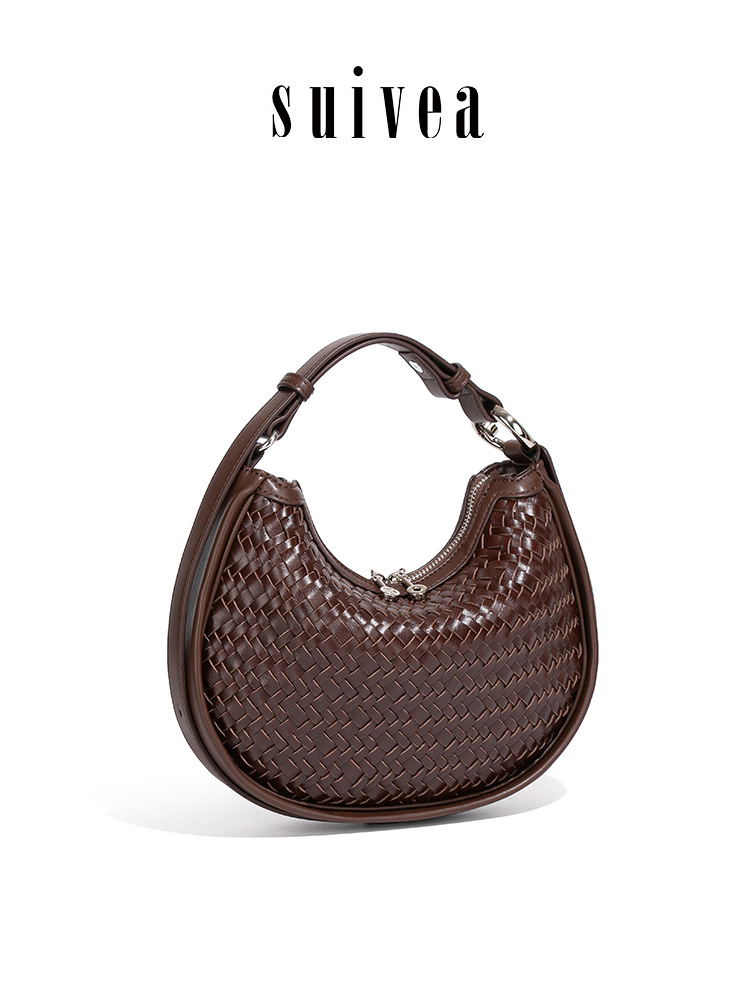 Bolso de Hombro de Media Luna Tejido de PU Estilo Retro Tejido a Mano para Uso Diario